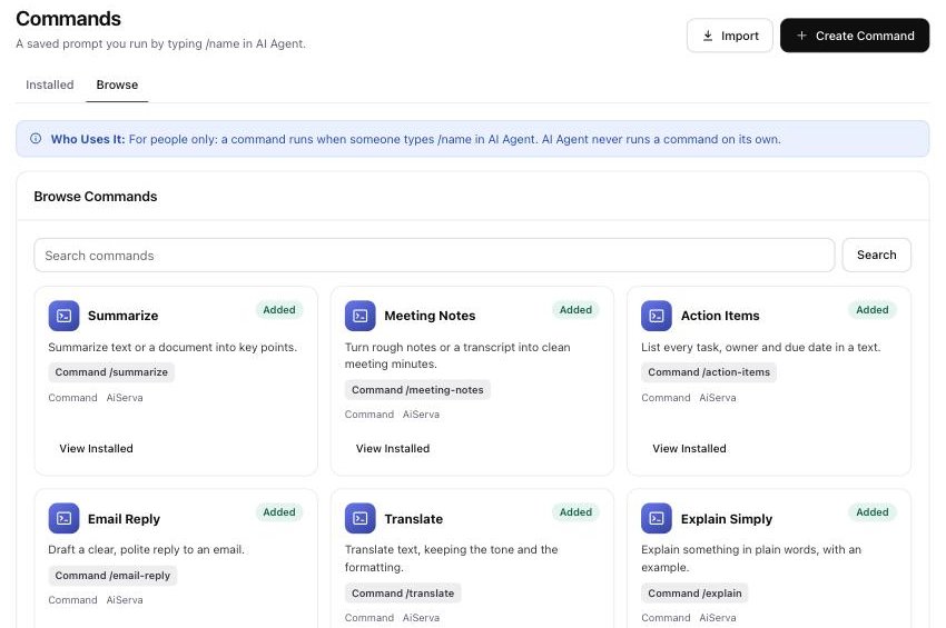 AiServa Commands page