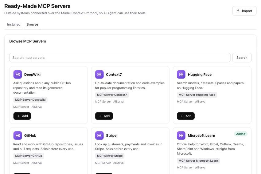 AiServa ready-made MCP server catalogue