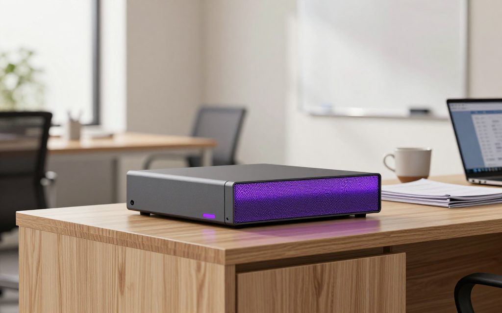 AiServa Pro, a compact small form-factor local AI server in graphite with a violet-lit honeycomb mesh front, on an oak credenza in a professional office beside folders and a laptop