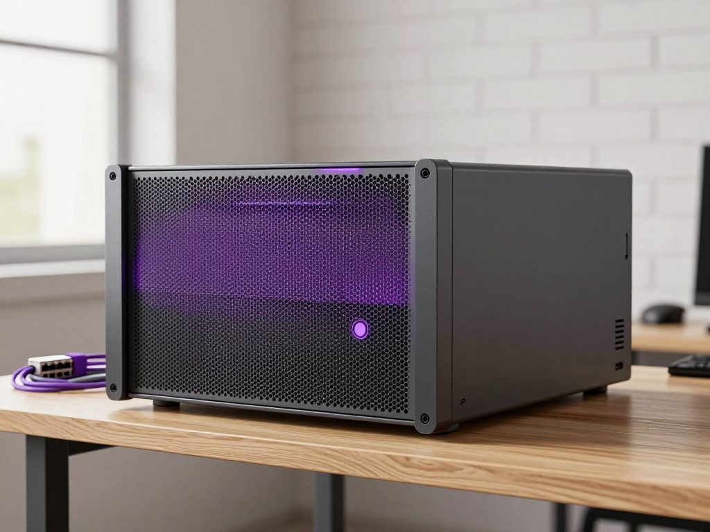 AiServa Ultra, a wide rack-mount local AI server chassis in graphite with a full-width violet-lit honeycomb mesh bezel, on a shelf in a tidy office comms room